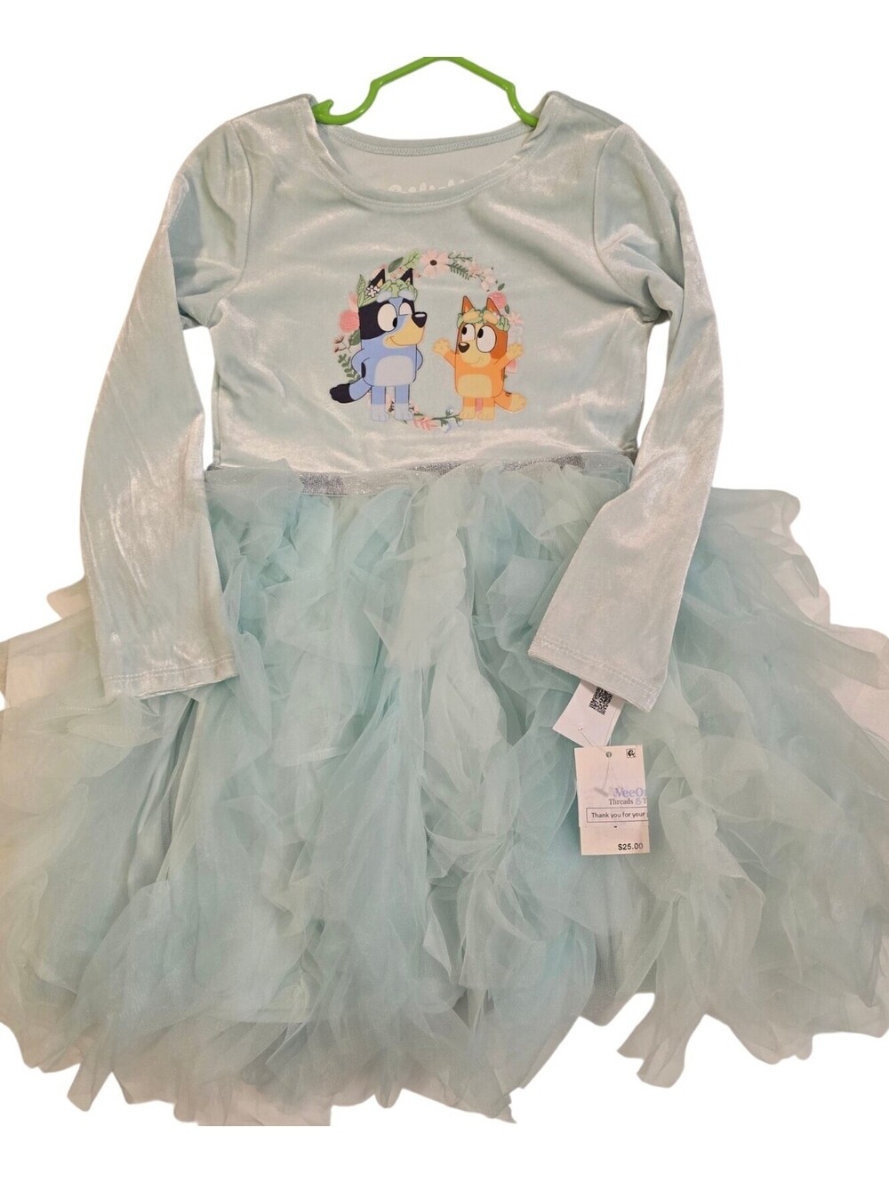 NWT Bluey Bingo Girls 5T Velvet Tulle Tutu Dress Floral Long Sleeve Aqua